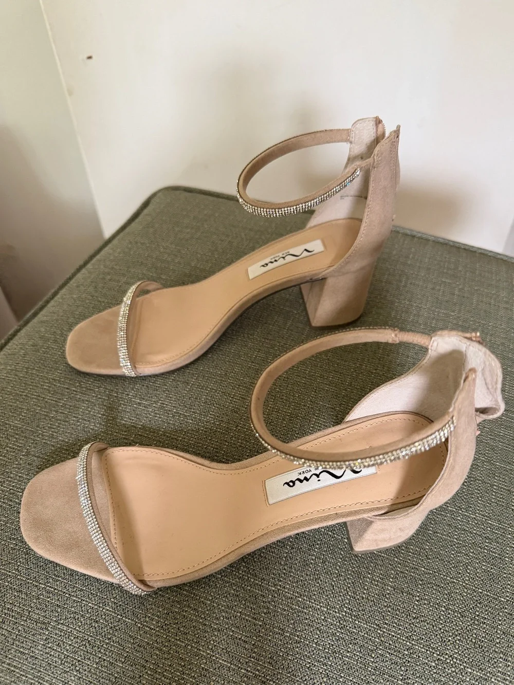 Sparkling Nina Blush Pink Rhinestone Ankle-Strap Block Heel Sandals
